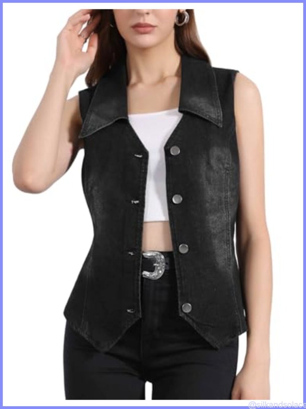 Women's Sleeveless Denim Vest with Collar and Asymmetric Hem Stretch